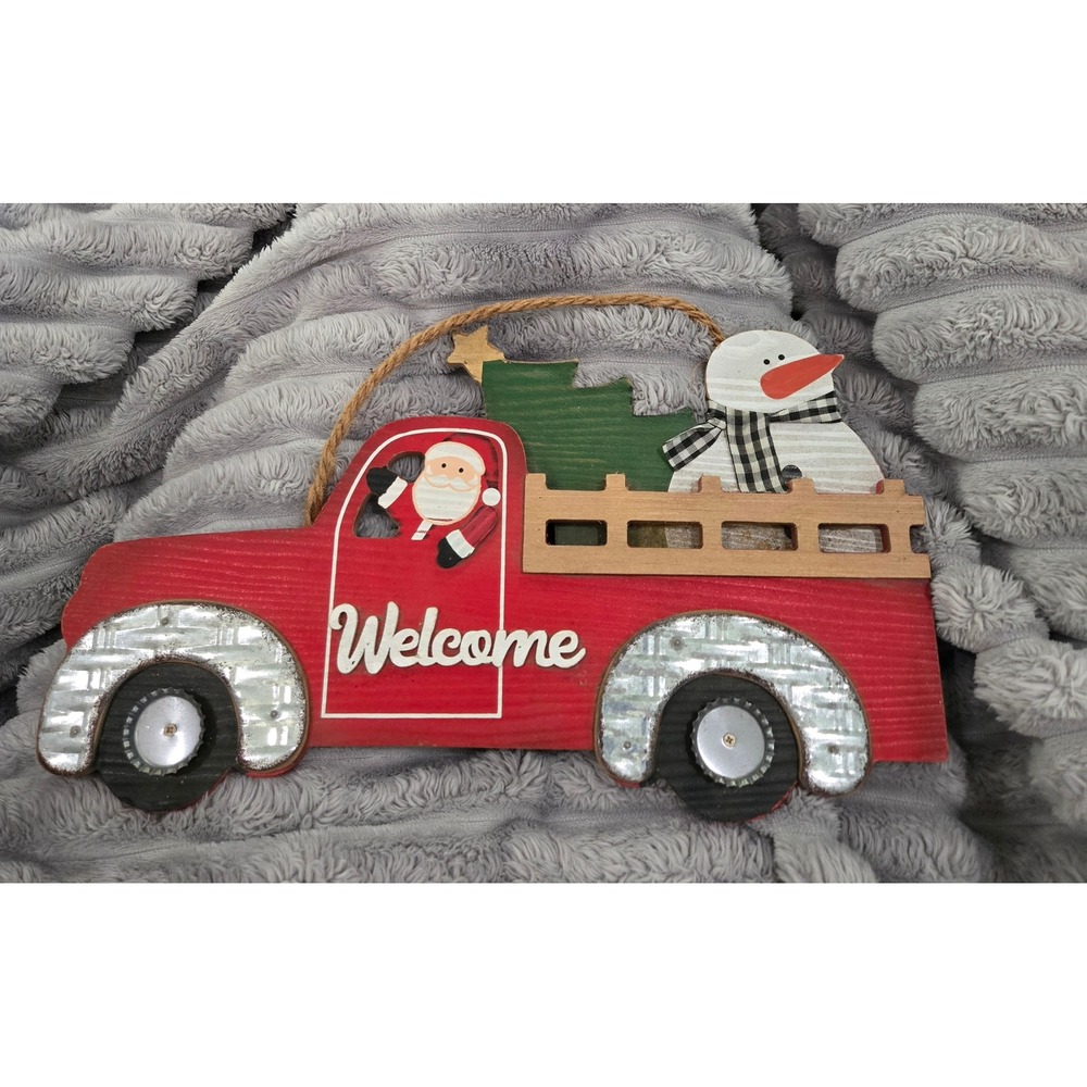 Holiday Time Christmas Red Truck Welcome Sign Santa Snowman Wood Wall Decor